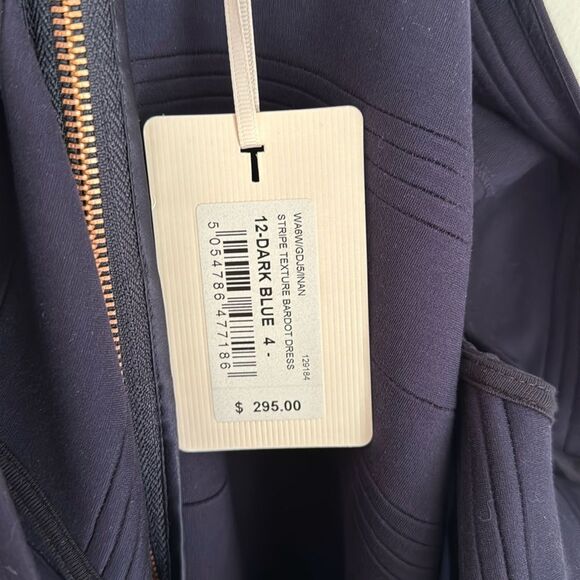 NWT TED BAKER Sz 4 Bardot Dark Blue Off Shoulder Striped Textured Bodycon Dress - Picture 6 of 8